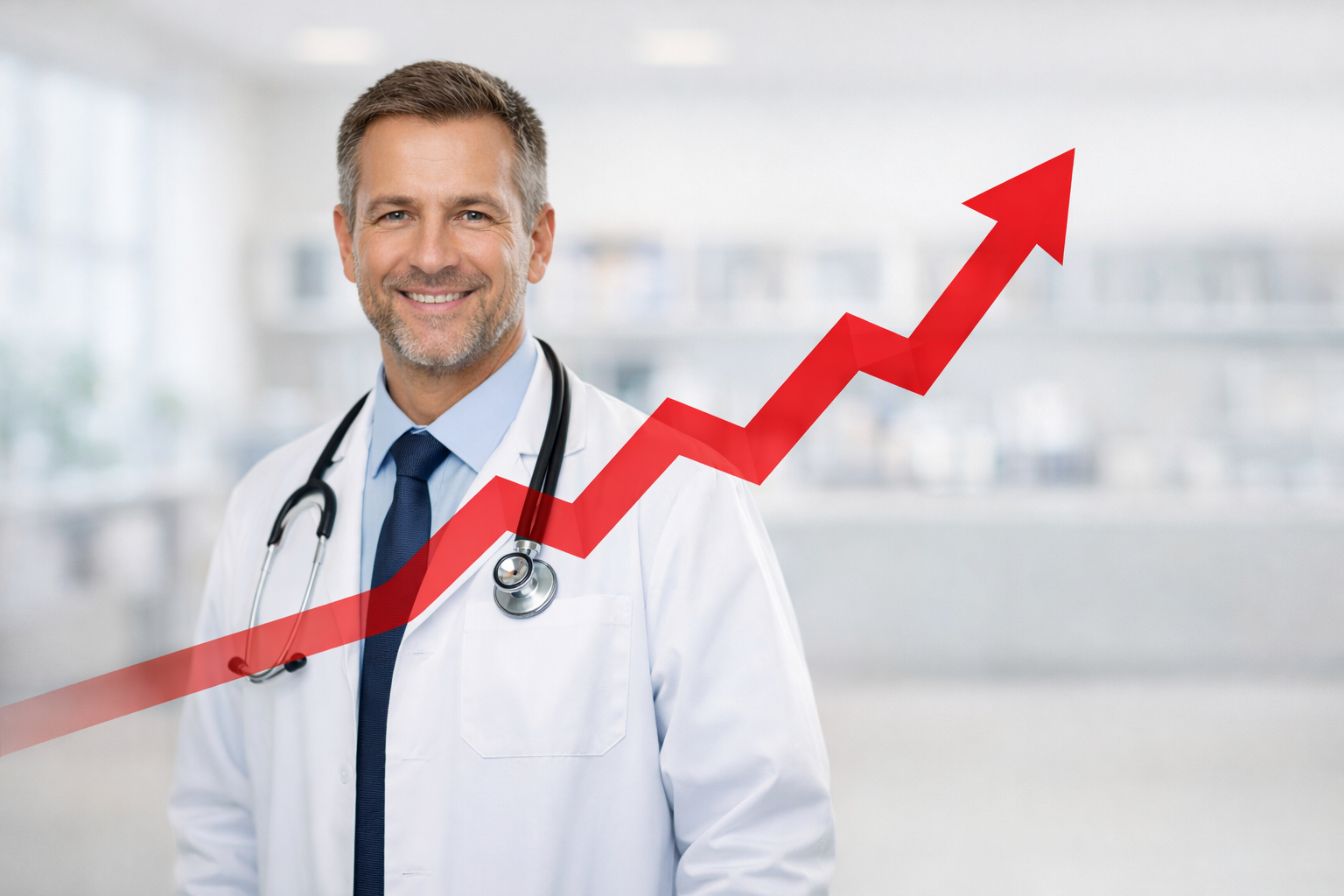 Foto von einem Arzt. Auf dem Bild ist ein aufwärtsgerichteter
            Zickzackpfeil als Symbol für steigende Beiträge