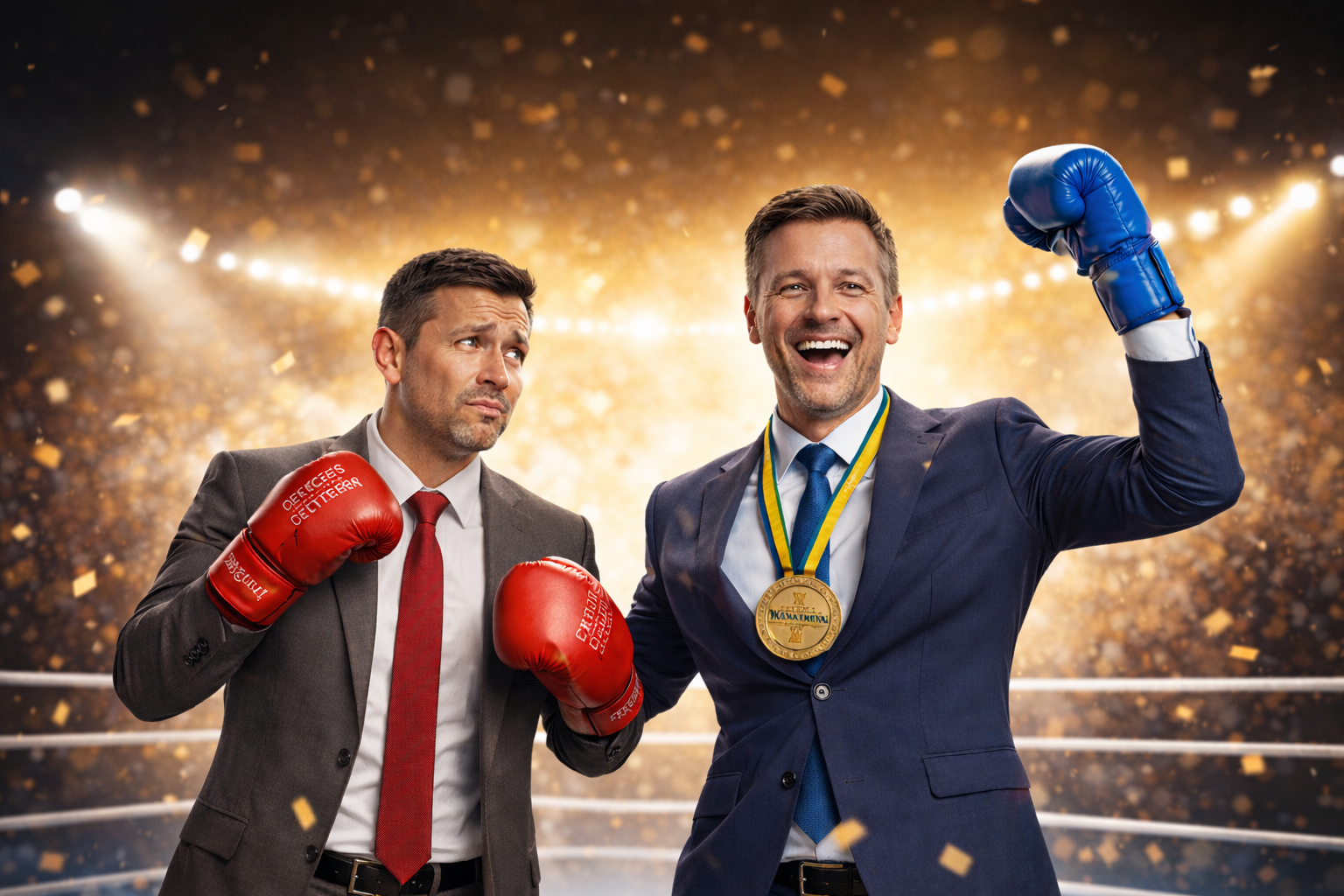 Bild stellt einen Sieger im Boxkampf dar. Versicherungsmakler
        siegt über den Versicherungsvertreter